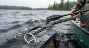 Heavy-duty locking carabiner on a durable paddle leash for canoe fishing in rough water