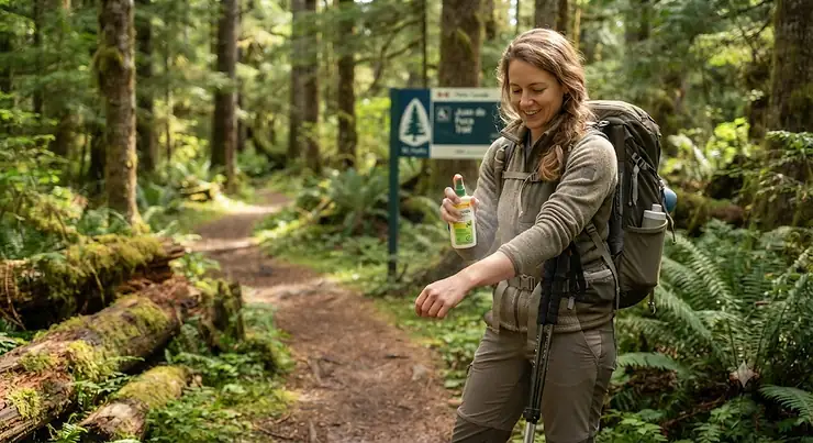 Hiker applying picaridin bug spray before exploring a Canadian forest trail.