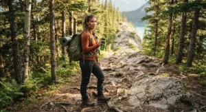 A hiker on a scenic Canadian trail holding DEET bug spray for camping adventures.