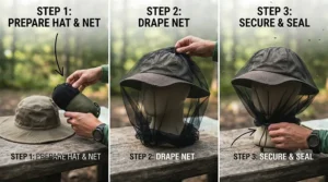 Step-by-step illustration showing how to properly place a mosquito head net over a brimmed outdoor hat.