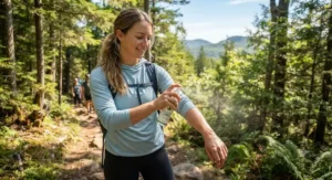 An eco-friendly, hypoallergenic bug spray safe for sensitive skin during a summer hike on a Canadian trail.