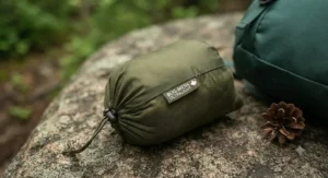 A lightweight mosquito jacket for camping packed neatly into a small pouch for back-country hiking trips.