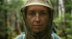 Close-up of the fine mesh face veil on a mosquito jacket for camping, blocking bugs while maintaining visibility.