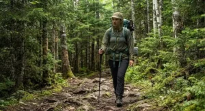 Hiker wearing a mosquito jacket for camping in a Canadian forest surrounded by dense trees.