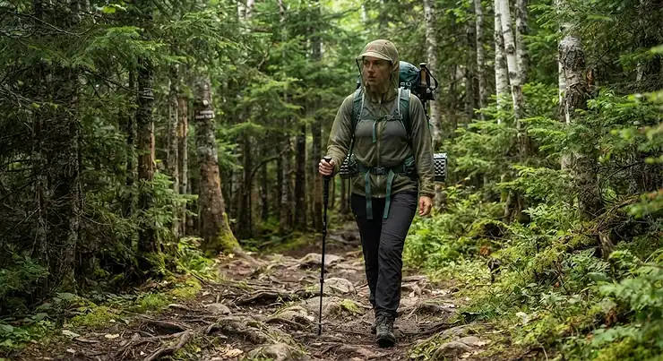 Hiker wearing a mosquito jacket for camping in a Canadian forest surrounded by dense trees.