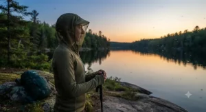Person wearing a breathable mosquito jacket for camping by a Canadian lake during peak evening bug season.