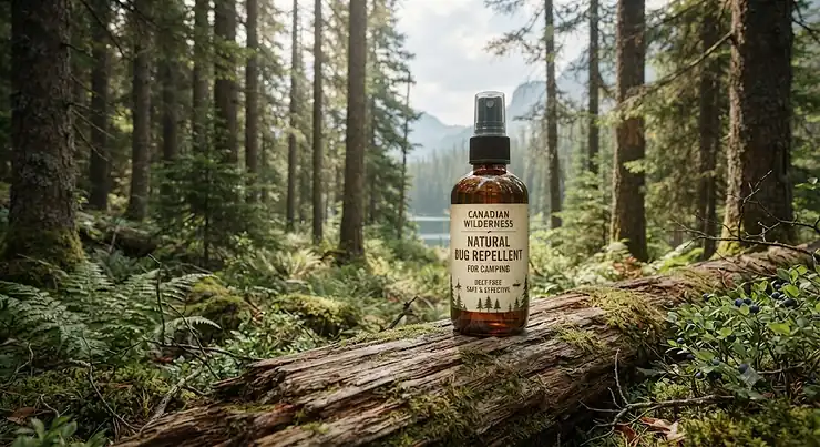 A bottle of natural bug repellent for camping resting on a cedar log in a serene Canadian backcountry forest.