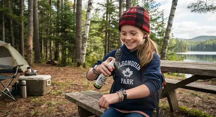 A happy child wearing a winter toque and hoodie during a family camping trip in a Canadian provincial park, applying safe bug spray for kids.