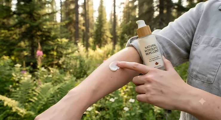 A gentle, plant-based natural mosquito repellent lotion applied on sensitive skin for outdoor activities in Canada. natural mosquito repellent for sensitive skin