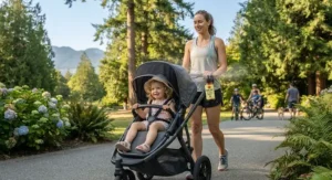 A stroller equipped with a safe, DEET-free mosquito repellent during a summer walk in a Vancouver park.