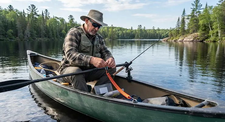 Angler securing a paddle leash for canoe fishing on a calm lake in Northern Ontario