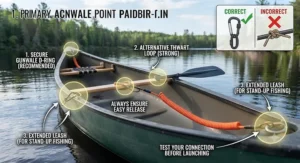 Diagram showing correct attachment points for a paddle leash for canoe fishing safety