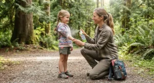 A parent carefully applying gentle bug spray for kids before a backyard hike in British Columbia.