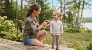 A parent gently spraying safe, DEET-free bug spray onto a toddler's clothing before outdoor play in Canada.