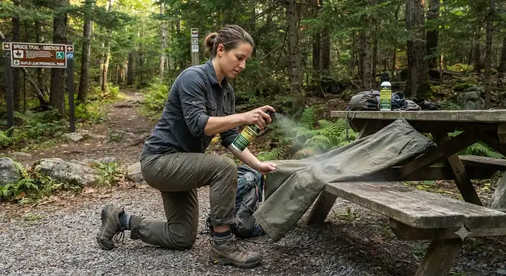Hiker treating outdoor pants with permethrin clothing spray before heading out on a Canadian trail.