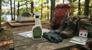 Close-up of a permethrin spray bottle next to outdoor camping gear ready for seasonal treatment.