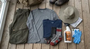 Flat lay of Canadian hiking apparel including socks and shirts laid out for permethrin clothing spray treatment.