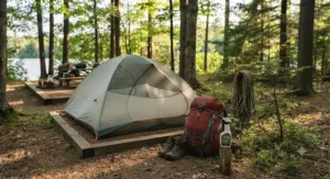 A tent and backpack treated using a permethrin treatment kit for camping gear in wooded areas.
