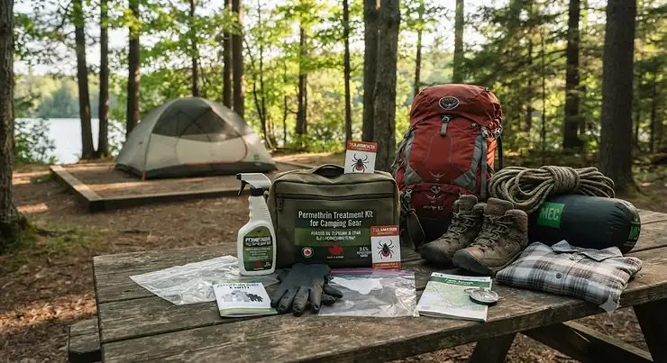 A permethrin treatment kit laid out with Canadian camping gear to protect against ticks on the trail.