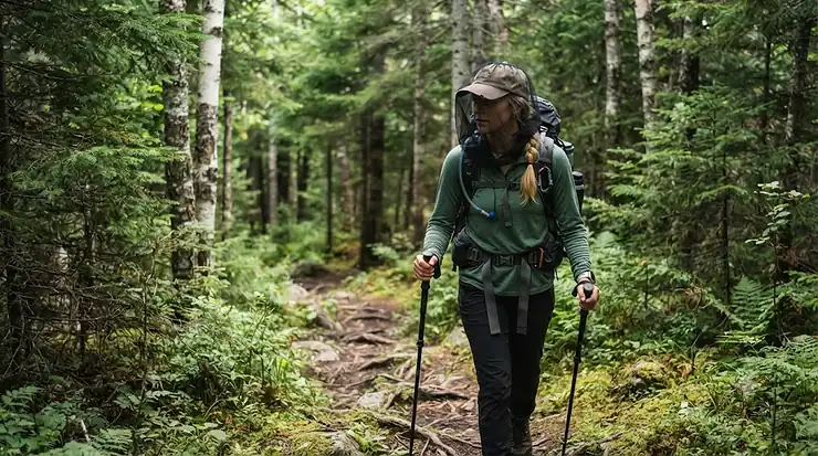 Illustration of a hiker in a Canadian boreal forest wearing a black mosquito head net for outdoor protection.
