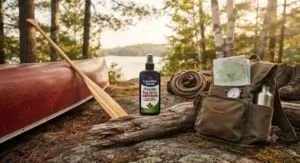 Bottle of picaridin bug spray displayed alongside canoeing and hiking gear for a Canadian trip.