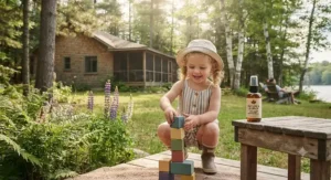 A young toddler playing safely outdoors in Canadian cottage country protected by a natural insect repellent.