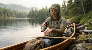 Paddler wearing a bug jacket and using bug spray for canoe trips to protect against northern black flies.