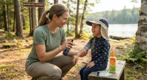 A parent protecting their child from ticks and mosquitoes using safe insect repellent options in Canada.