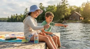 Two children playing by a dock at a Muskoka cottage while protected by effective bug spray for kids against mosquitoes.