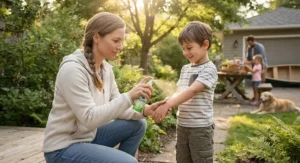 Parent safely applying family-friendly picaridin bug spray before an outdoor activity.