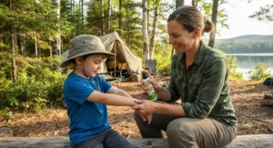 A parent gently applying natural bug repellent for camping on a child during a weekend getaway.