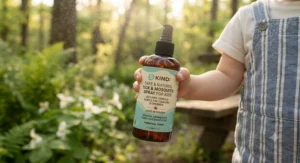 Close-up of a gentle, plant-based DEET-free bug spray bottle suitable for toddlers and young children in Canada.