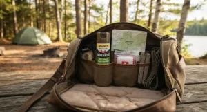 Properly stored DEET bug spray for camping inside a gear container for a Canadian wilderness trip.