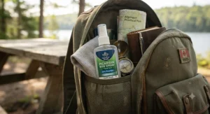 Travel-sized picaridin bug spray packed inside an outdoor exploration backpack.