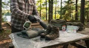Hiking boots and outdoor clothing being treated with a permethrin treatment kit for camping gear.