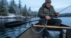 Reflective paddle leash for canoe fishing designed for early spring Canadian backcountry trips