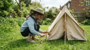 Boy setting up a backyard tent wearing his bug hat with net for kids camping adventure.
