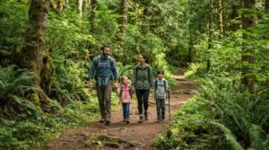 Family hiking expedition where the youngest member wears a bug hat with net for kids camping.
