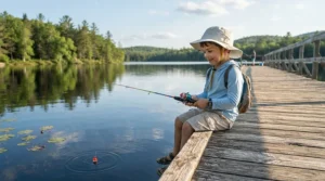 Young angler on a wooden dock wearing a bug hat with net for kids camping by the water.