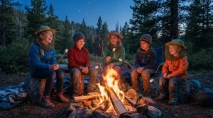 Kids gathered around a campfire wearing a bug hat with net for kids camping during a dusk gathering.