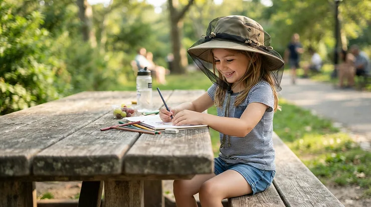 Child eating a snack outdoors while wearing a bug hat with net for kids camping at a park.