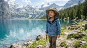Happy toddler testing a bug hat with net for kids camping near a mountain lake in Western Canada.