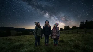Evening stargazing session with children wearing a bug hat with net for kids camping outside.
