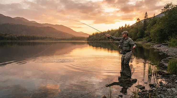 Fishing during the peak evening insect hatch while wearing specialized gear, highlighting a bug jacket vs head net for fishing.