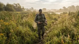 Navigating tall reeds in a marshy wetland while testing a bug jacket vs head net for fishing against persistent midges.