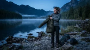 An angler layering up with protective gear in the chill of dawn, deciding between a bug jacket vs head net for fishing.