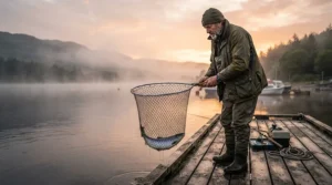 An angler comparing a bug jacket vs head net for fishing while standing on a dock at sunrise in Northern Ontario.