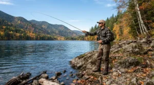 Checking mobility when casting while deciding on a bug jacket vs head net for fishing along a rocky Canadian shoreline.