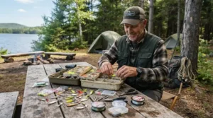 Preparing lures at a wooden picnic table and packing a bug jacket vs head net for fishing before heading out to the water.