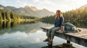 Hiker resting by a tranquil lake wearing breathable mesh bug pants for hiking.